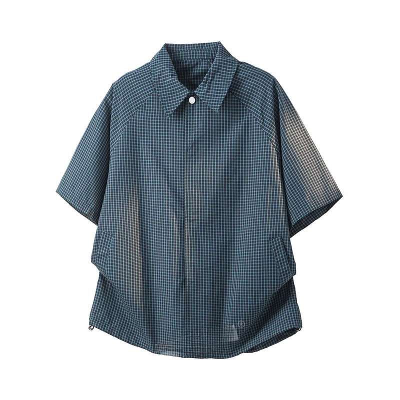 

American Style Blue Plaid Short Sleeve Cotton Shirt Unisex Summer Cleanfit Loose Cool Feeling Couple T-Shirt Outerwear