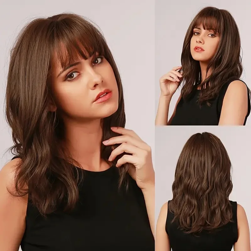 

Long curly hair, bangs, shoulder length, water ripple curl, micro curl, European and American chemical fiber hair headgear