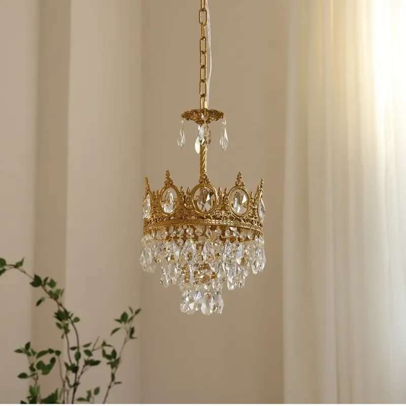 French Court All-copper Crystal Small Chandelier Living Room Bedroom Bedside Crown Dining Room Aisle European Hanging Lamp