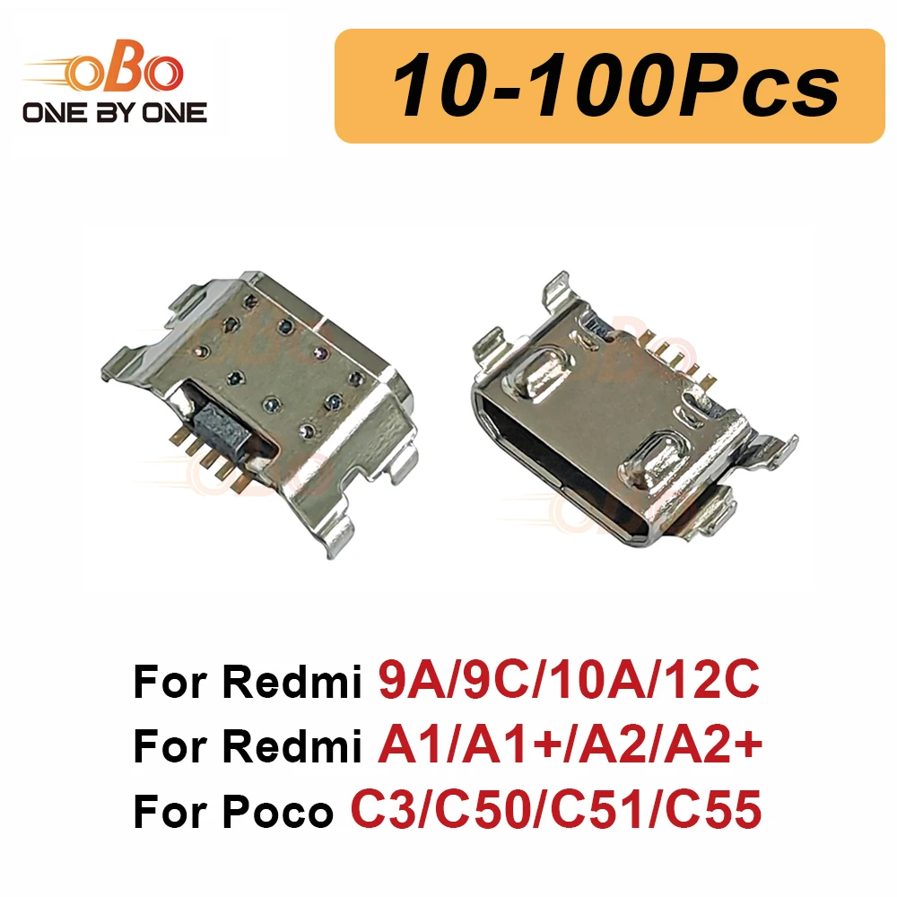 10-100Pcs Charging Port Dock Plug For Xiaomi Redmi 9A 9C 10A 12C A1+ A2+ Poco C3 C50 C51 C55 USB Charger Connector Socket Repair