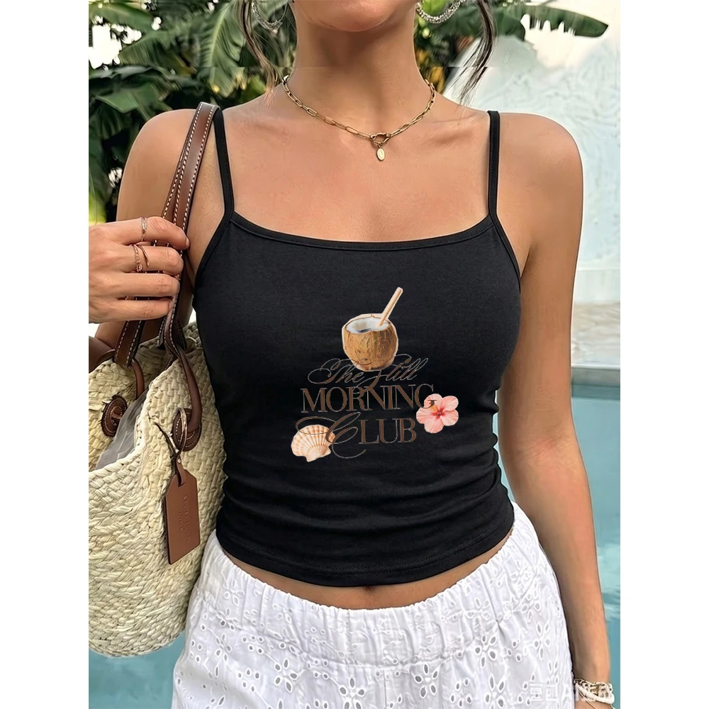 Coconut Drink Graphic Camisole Women Summer The Hill Morning Club Text Tank Top Casual Sleeveless Vest for Beach Holiday Cute