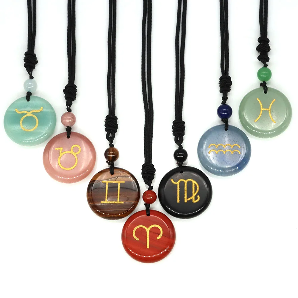 

Natural Stones 12 Constellation Zodiac Sign Necklace Reiki Healing Crystals Gemstone Pendant for Women Men Birthday Gift Jewelry