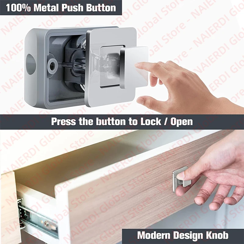 NAIERDI 5 Pieces Compartment Lock for RV Metal Push Button Latch Square RV Push Button Catch Keyless Camper Car Push Lock
