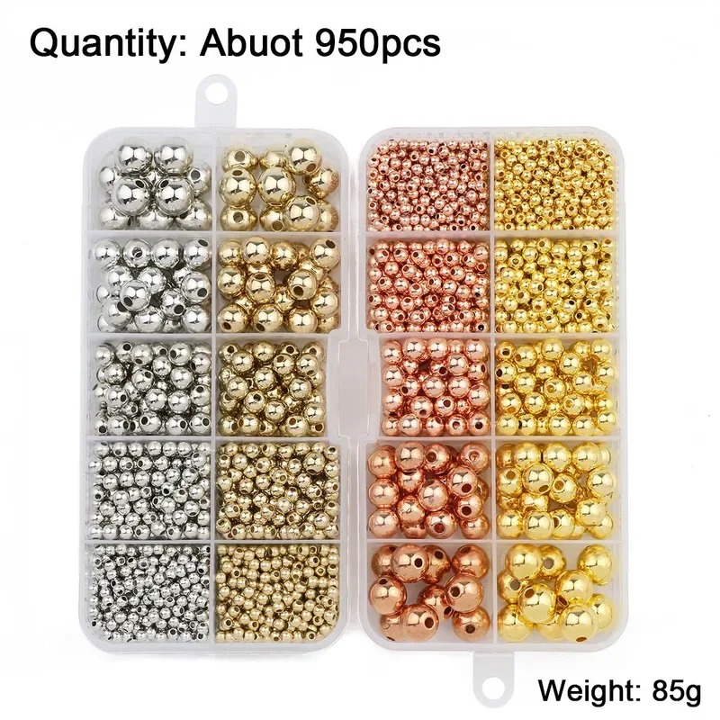 950PCS 3/4/6/8/10MM CCB Gold Silver Spacer Round Loose Beads DIY Set Box For Bracelet Necklace Jewelry Making Accessories