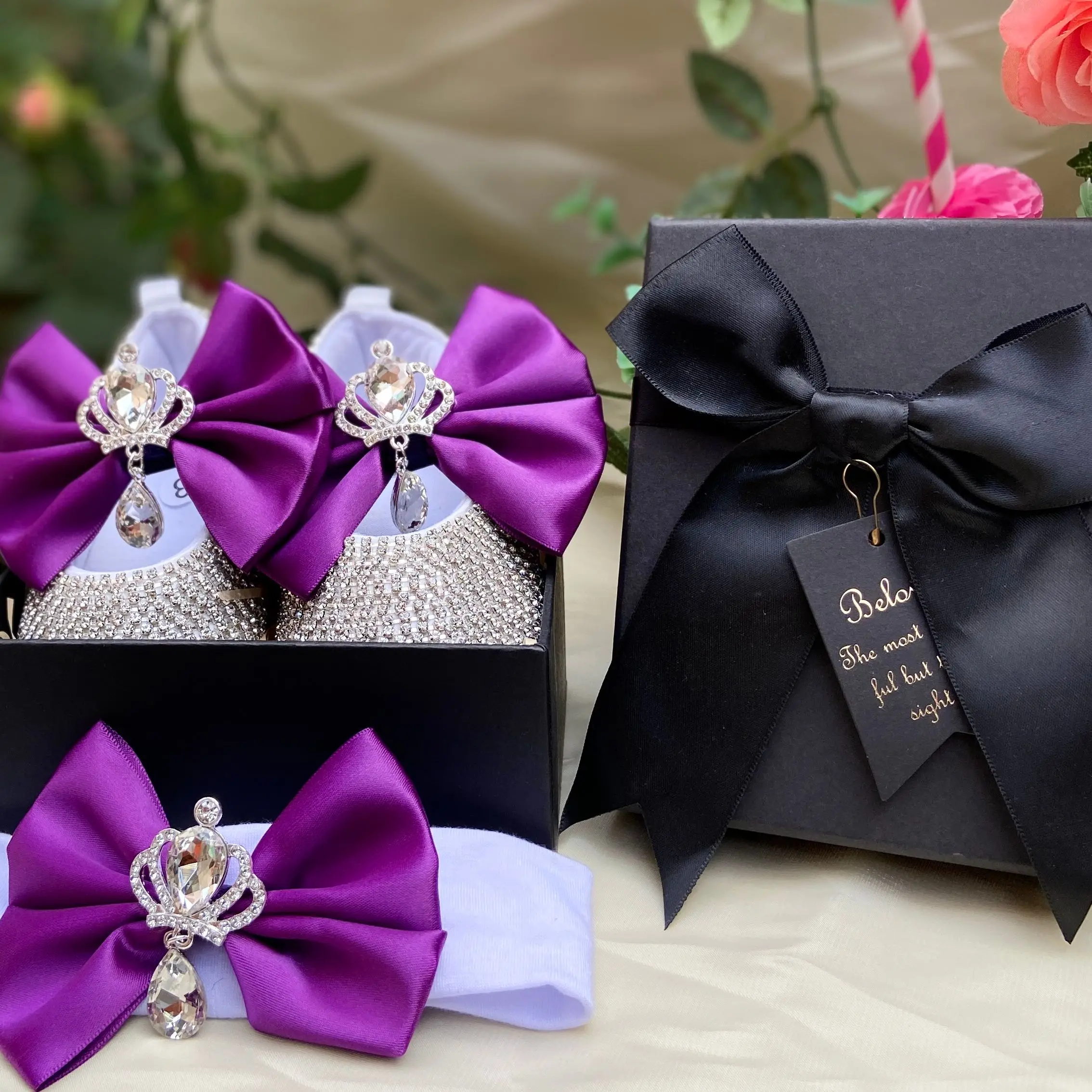 Dollbling Baby Girl Bling Custom Baptism Purple Bow Shoes with Crown Rhinestone Crystal Stone and Headband Set Christenings Gift