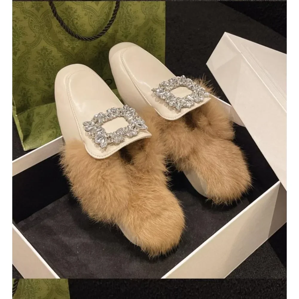 

Ladies Winter Warm Shoes 2024 New Fashion Rhinestone Short Plush Front Closed Toe Half Slides Outdoor Non-slip Cotton Slippers