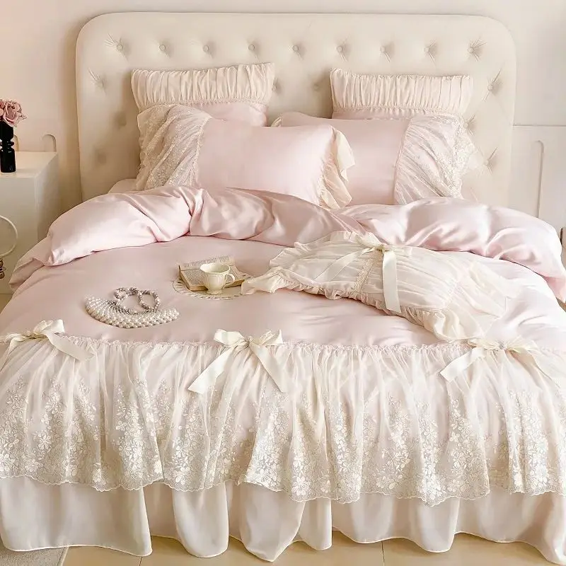 4Pcs Pink Romantic Lace Ruffles Princess Wedding Bedding Set Lyocell Eucalyptus Fiber Duvet Cover Bed Sheet Only 2 pillowcases