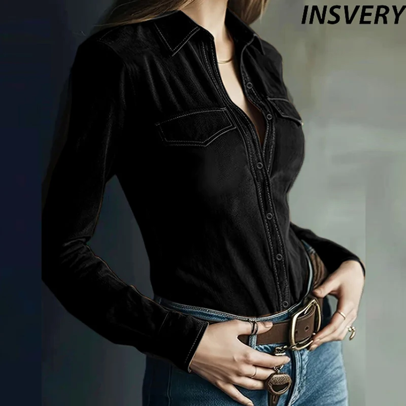 

New Fashion Suede Turn Down Collar Button Long Sleeve Shirt Women Casual Blouses Autumn Winter Breasted Shirts Women Office Tops