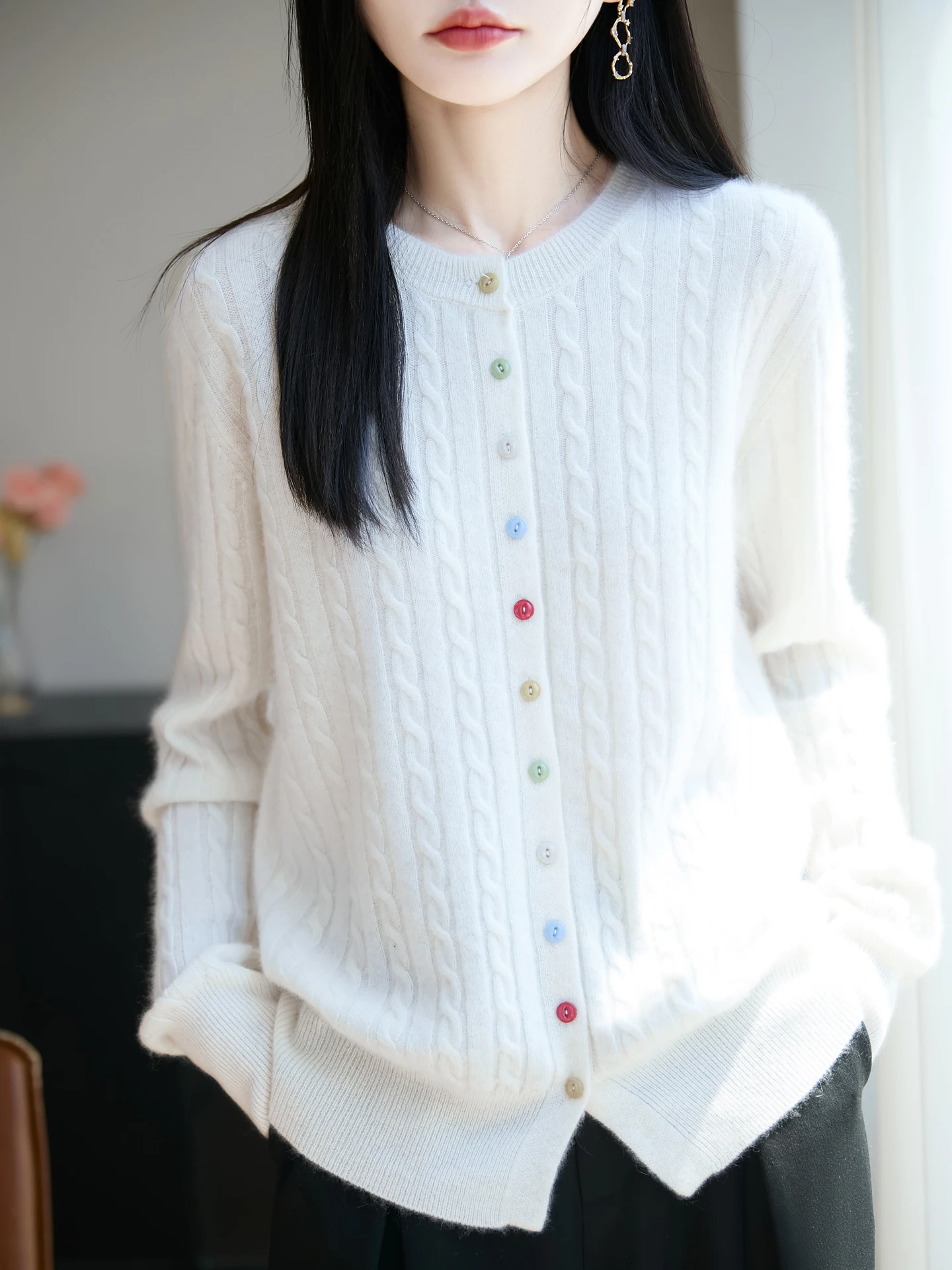 

2025 New Fashion Autumn Winter Woman Sweater Elegant Female 100% Merino Wool Knitted Cardigan Cashmere Long Sleeve Clothing Tops