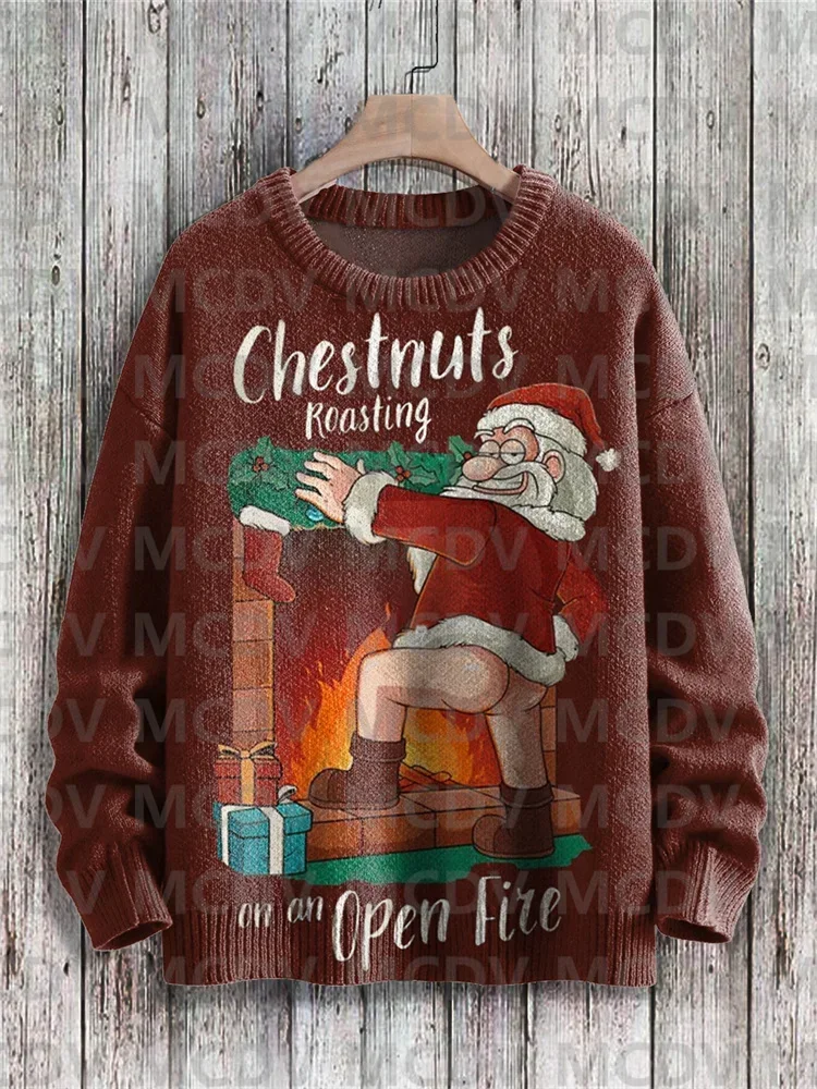 Pull de Noël en tricot décontracté, châtaignes du Père Noël mignonnes, rôtissage sur un feu ouvert, motif d'art imprimé