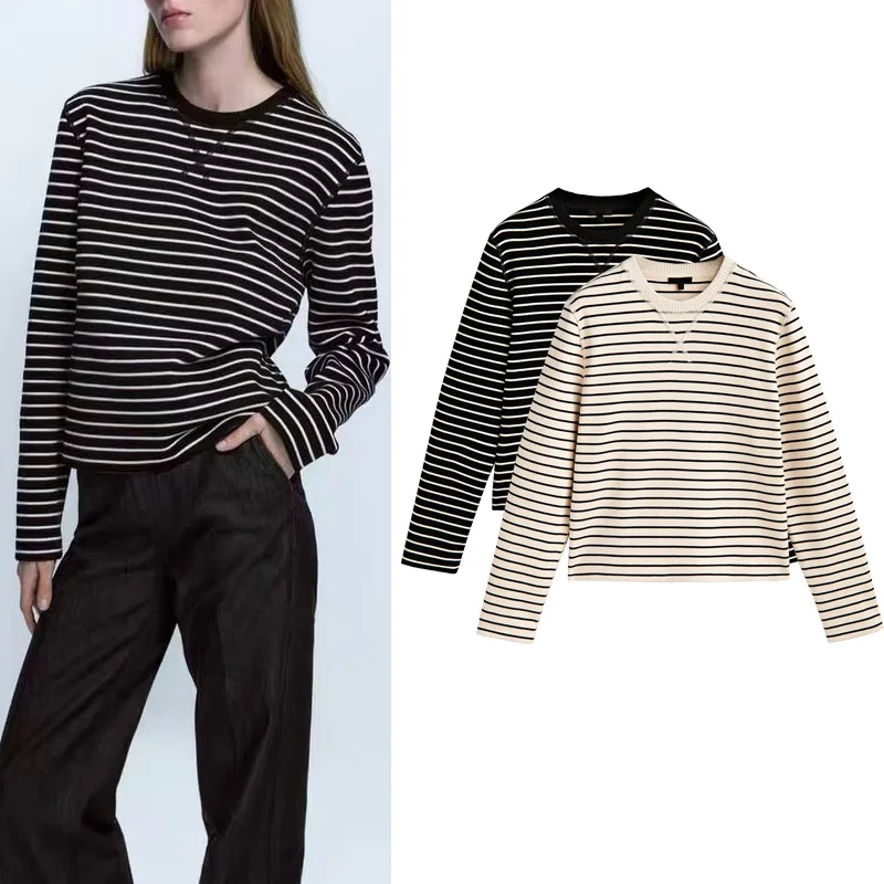 2024 MD Women's Striped Gradient Knit Base Shirt Loose Sporty Long Sleeve Top Commute Style Regular Length Fashionable
