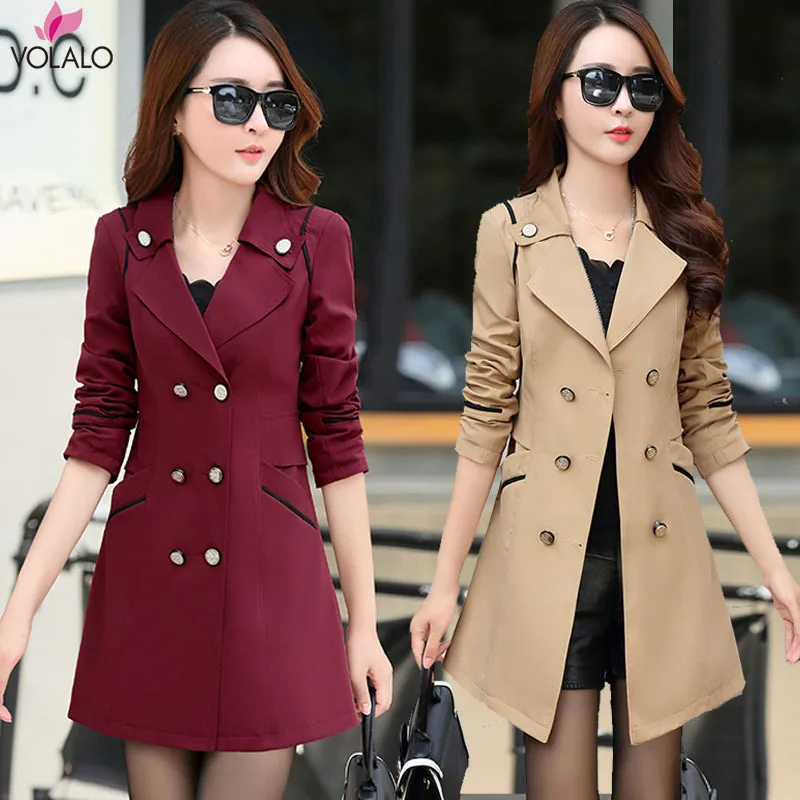 

VOLALO Spring Khaki Trench Coat For Women 2024 Casual 10 Colors Turn-down Collar Slim Fit Double Breasted Female Coat 3XL