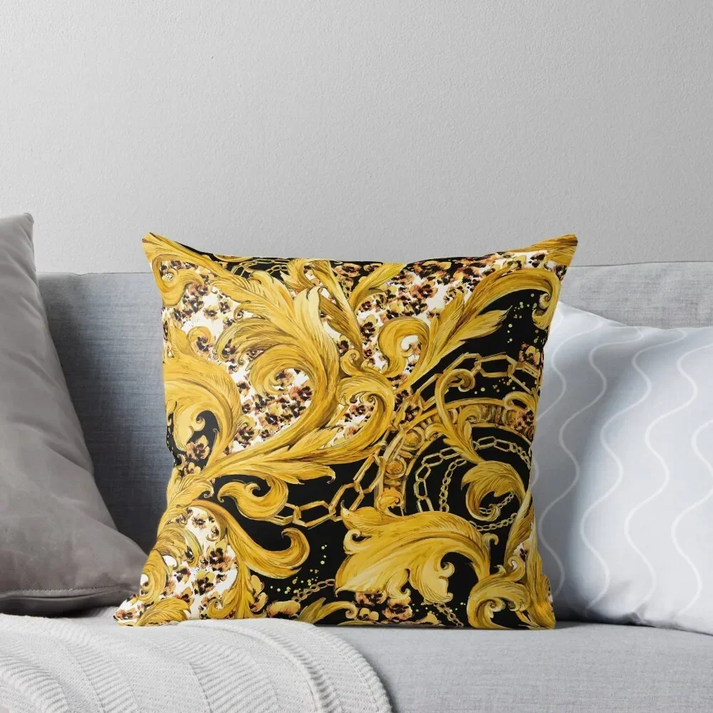

golden lace seamless pattern. vintage curl watercolor background. luxury wallpaper Throw Pillow