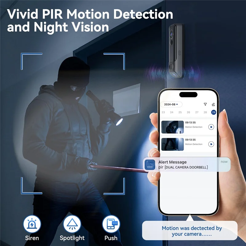 กล้องออดคู่ไร้สายไม่มีการสมัครสมาชิก กล้องประตูอัจฉริยะ 2K ไร้สาย พร้อม AI Human Detection, Night Vision