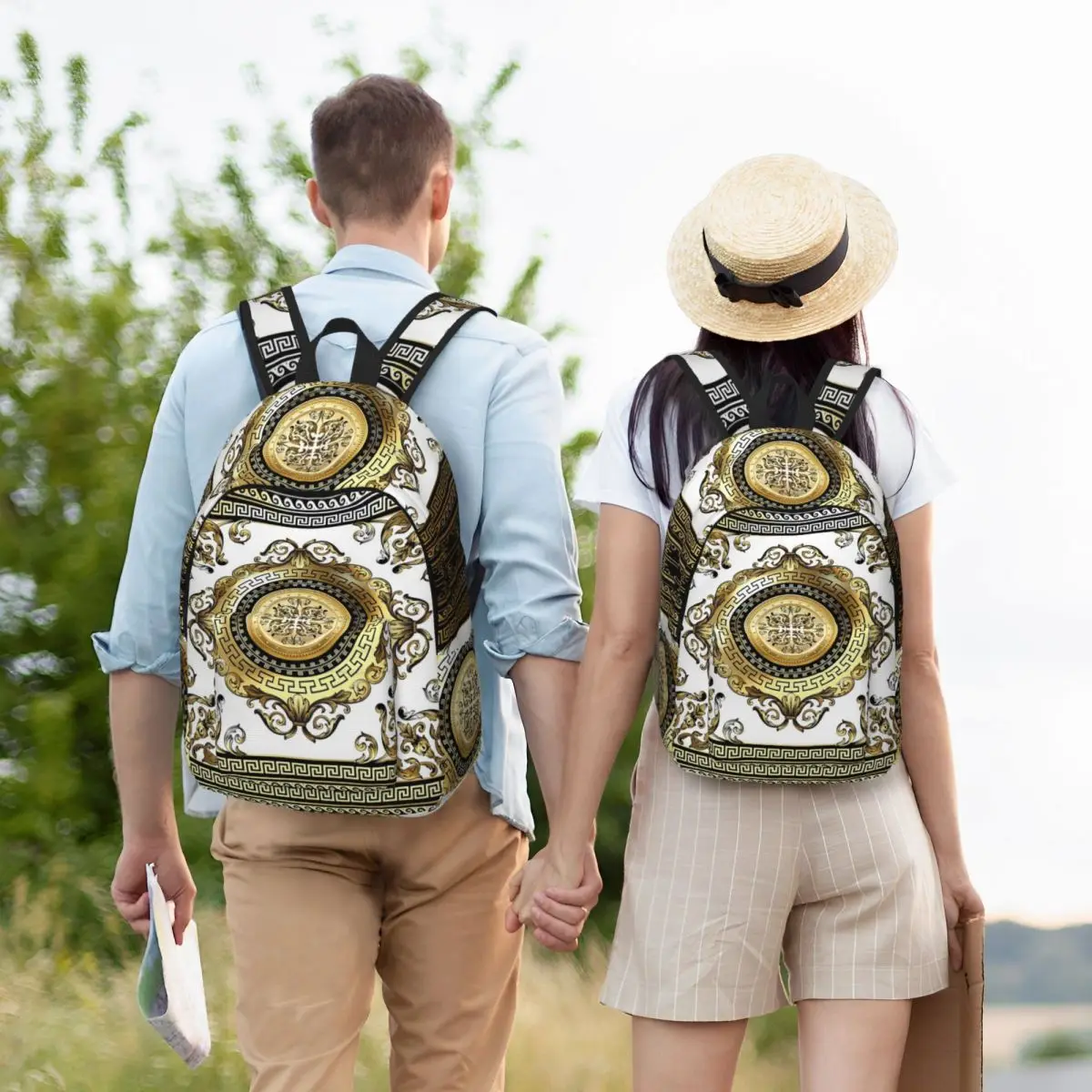 Ornate Baroque White Gold Black Greek Key Border Backpack Student BookBag Children School Bag Laptop Shoulder Bags for Men Women
