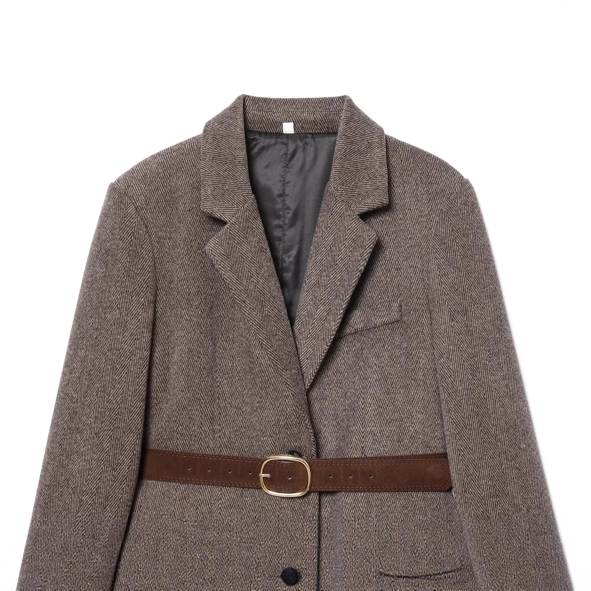 سترة نسائية أنيقة عصرية للخريف عتيقة متعددة الاستخدامات بحزام متعرج وياقة مدببة وأكمام طويلة معطف بلون سادة #3