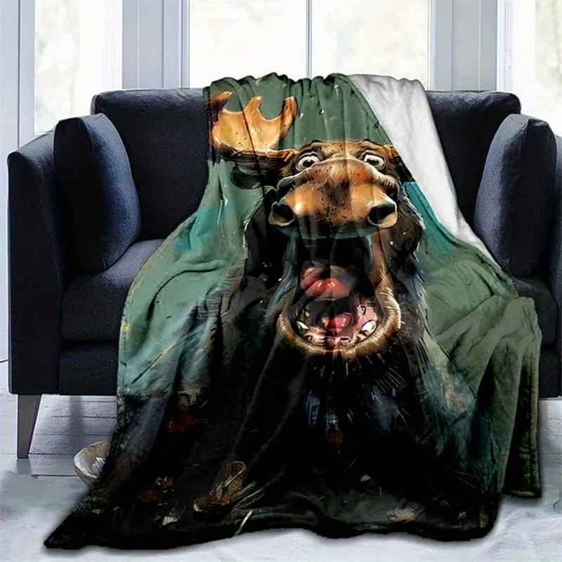 Novelty Funny Moose Flannel Blanket Screaming Crazy Elk Cartoon Animal Graffiti‑Style Pattern Soft Cozy Throw for Bedroom