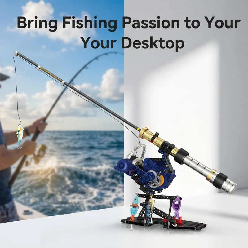 

Rotating fishing rod building block set, realistic mechanical model building block toy with gear system, DIY assembly building b