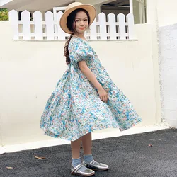 Girls Floral Dress Summer Puff Sleeve Elegant Beach Princess Dresses for Kids Travel Casual Teen Children Clothes 13 14 15 Years