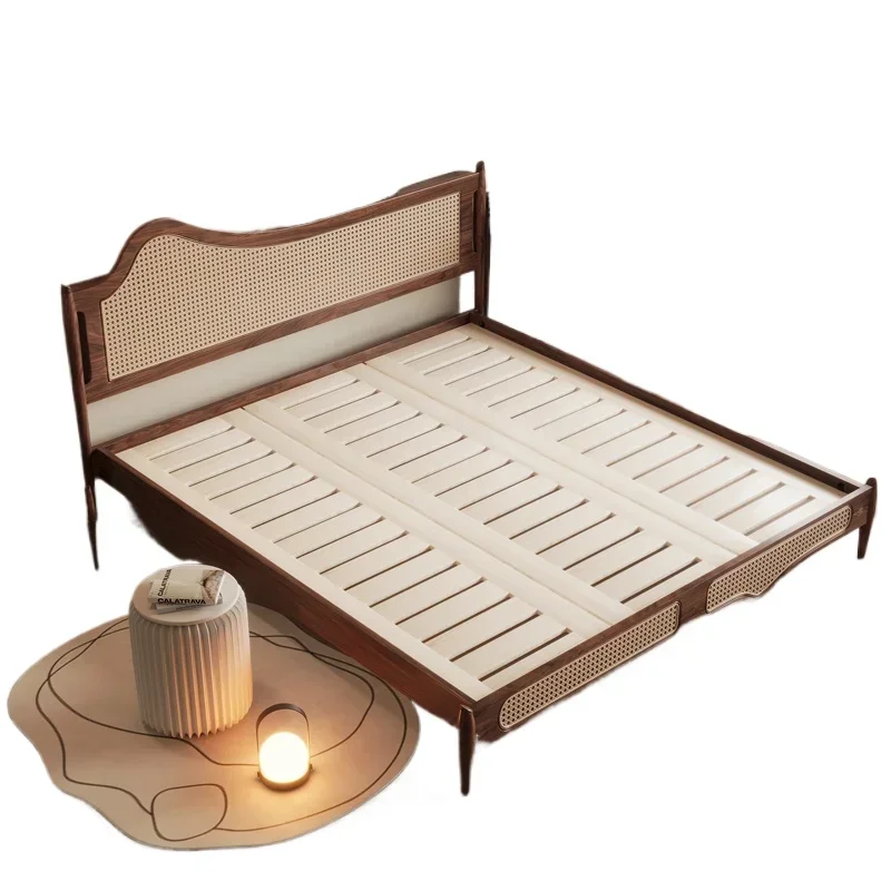 Black walnut antique style, master bedroom bed, wedding bed, double rattan bed