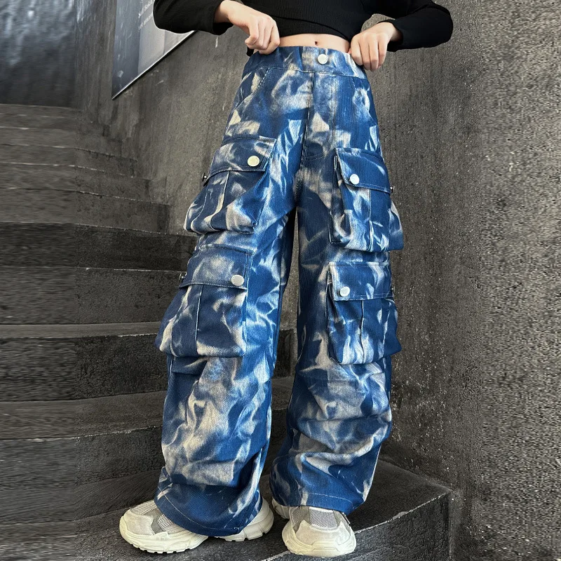 Junior Girls Casual tie-dyed Hip Hop cargo pants teen kids Dance Wide leg pants children clothes Multiple pockets trousers 10 14