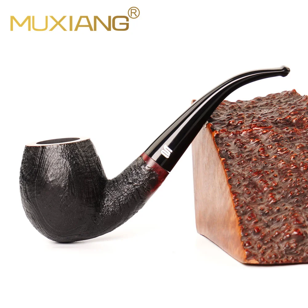 MuXiang Briarwood Tobacco Pipe 9mm filter element filter Hand sandblasted design pipe Curved handle SherlockHolmes pipe Black