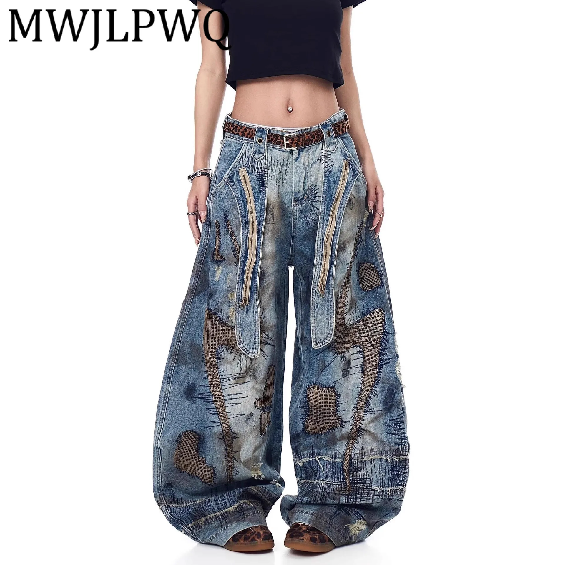 

MWJLPWQ American Style Embroidery Destroy Machete Jeans Male Vintage Dirty Niched Heavy-Duty Floor-Length Wide-Leg Pants 12171