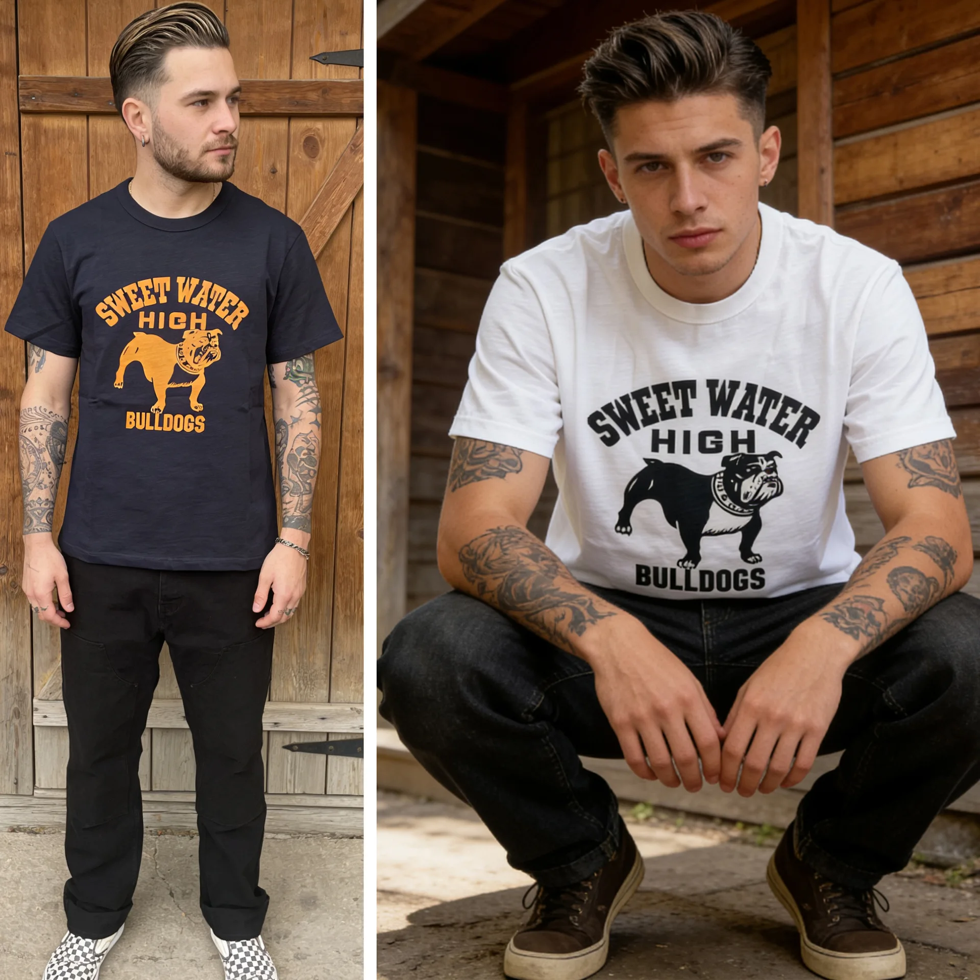 

OKONKWO 255g American Retro Bulldog Print Short-Sleeve T-Shirt Old Bamboo Cotton Comfortable Vintage Style Men's Top