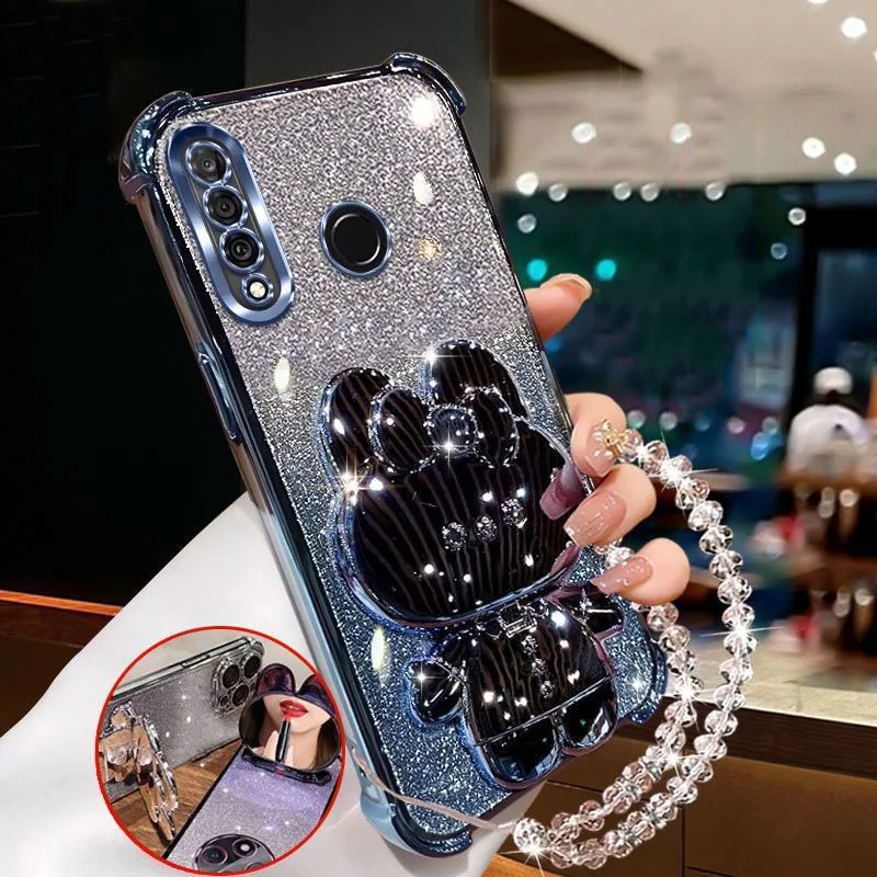 Plating With Bracelet Mirror Rabbit Stand Phone Case For Huawei P30 Lite P40 P50 P60 Pro Chain Shockproof Silicone Soft Cover