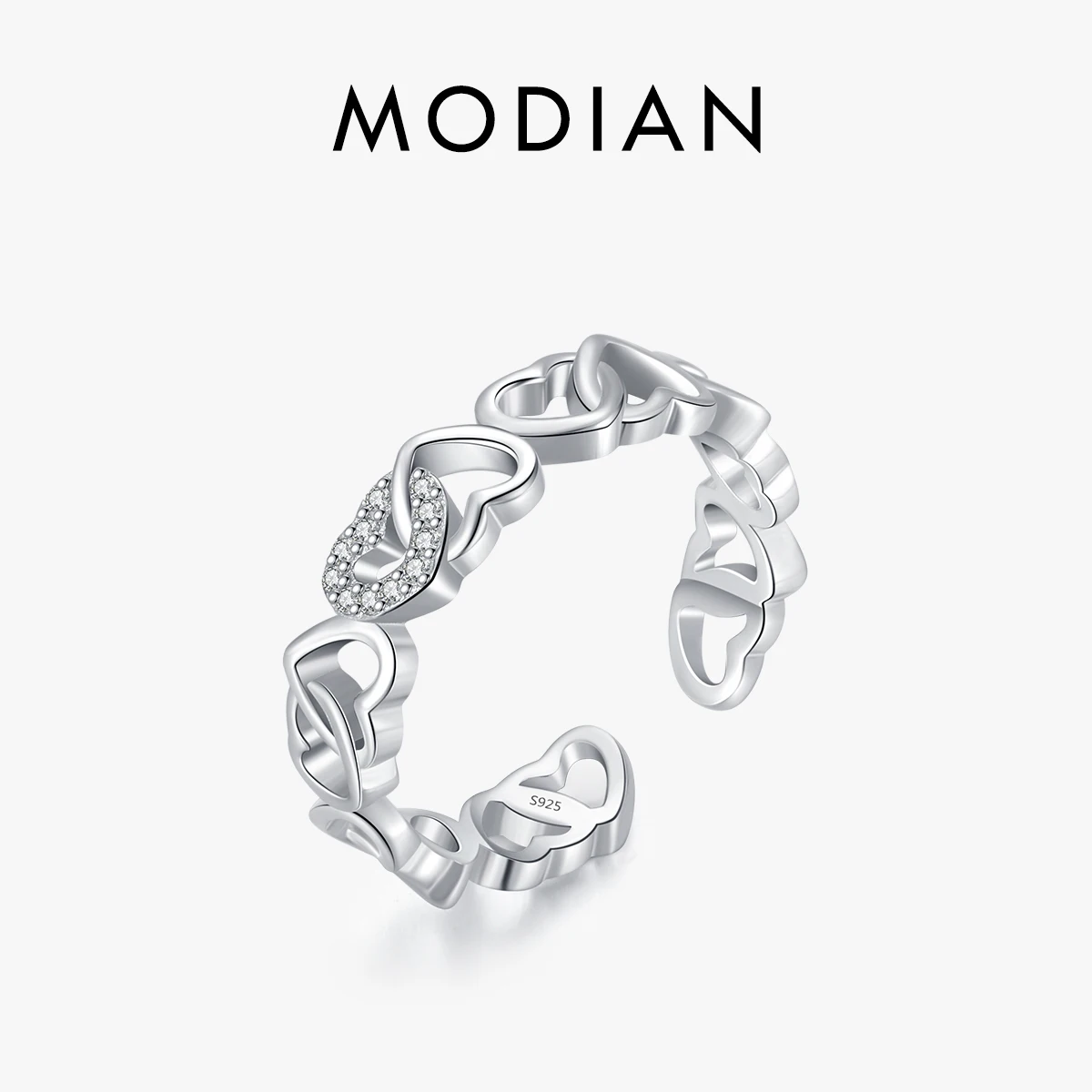 MODIAN 925 Sterling Silver Romantic Clear Zircon Free Size Rings Heart To Heart Adjustable Ring For Women Party Fine Jewelry