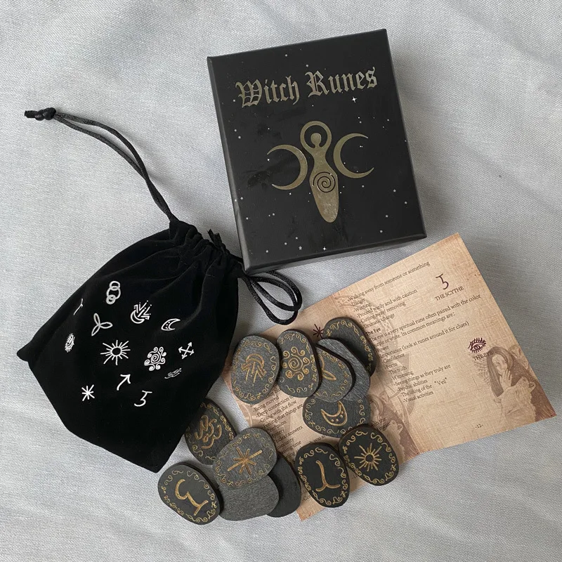 Wood Runes Stone Set Witches Rune Set 14 PCS Engraved Rune Symbol for Meditation Divination Rune Stones Set with Storage Bag