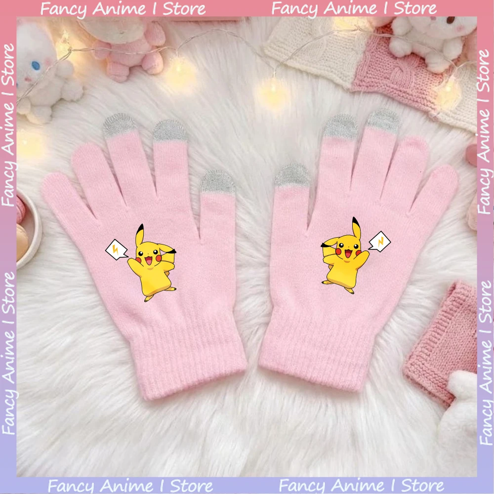 قفازات محبوكة لطيفة على شكل رسوم متحركة بيكاتشو تعمل باللمس للأولاد والبنات في الهواء الطلق لركوب الدراجات في الشتاء الدافئ للأطفال إكسسوارات هدايا