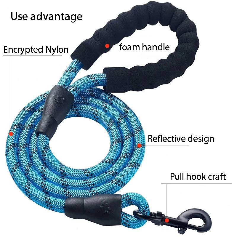 1.5M Long Pet Leash Reflective Strong Dog Leash with Comfortable Padded Handle Heavy Duty Training Durable Nylon Rope Leashes