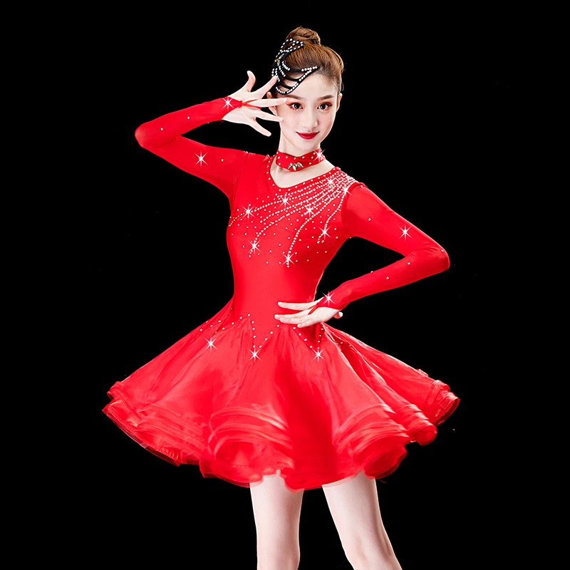 

Latin Dance Dress Diamond Set Dress Dance Performance Women Dancewear Competition Costumes Long Sleeves Waltz Stage Costumes