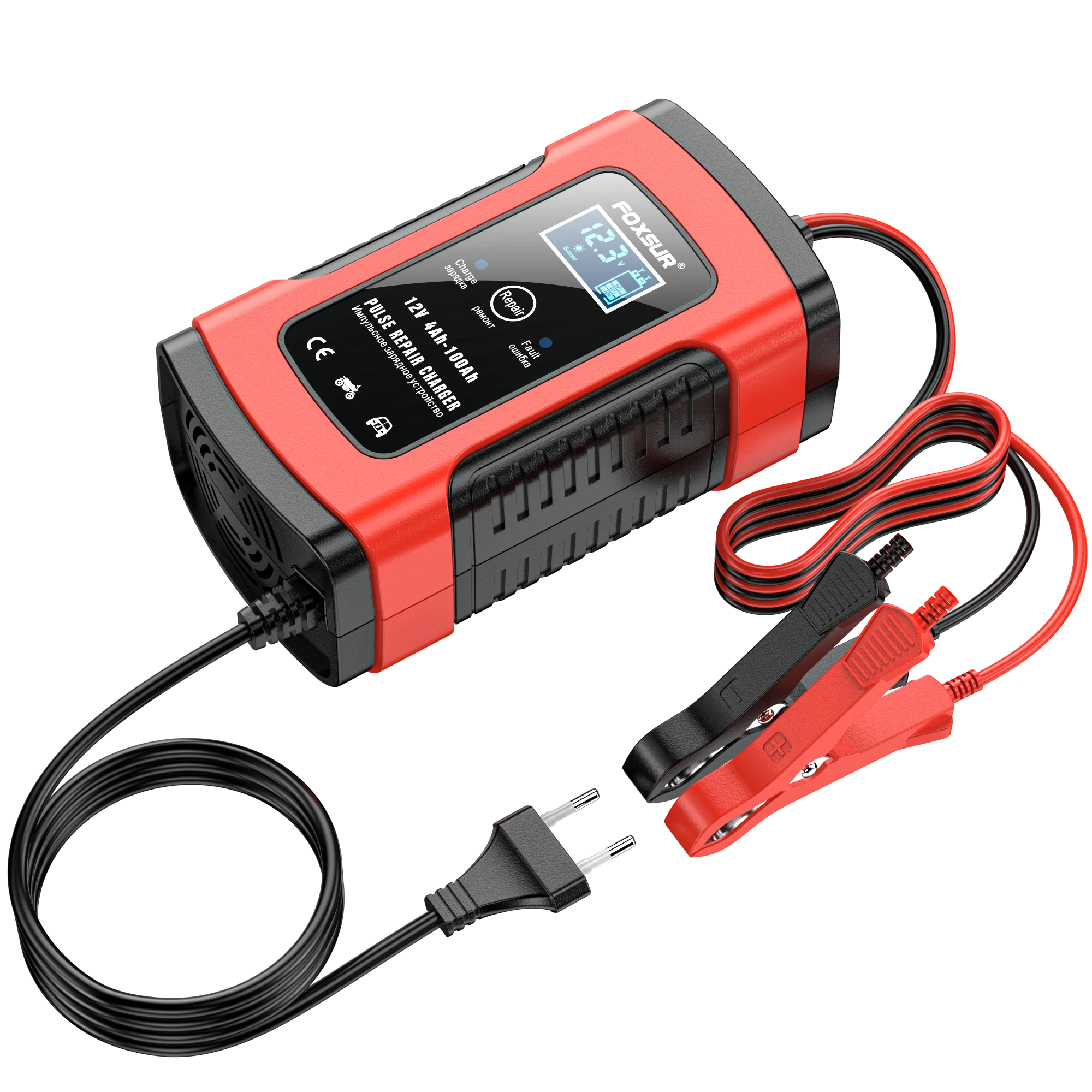 FOXSUR 5A Car Motorcycle UPS Battery Charger 12V Volt Display Status Repair Fully Intelligent Multi-Repair LCD Battery Charger