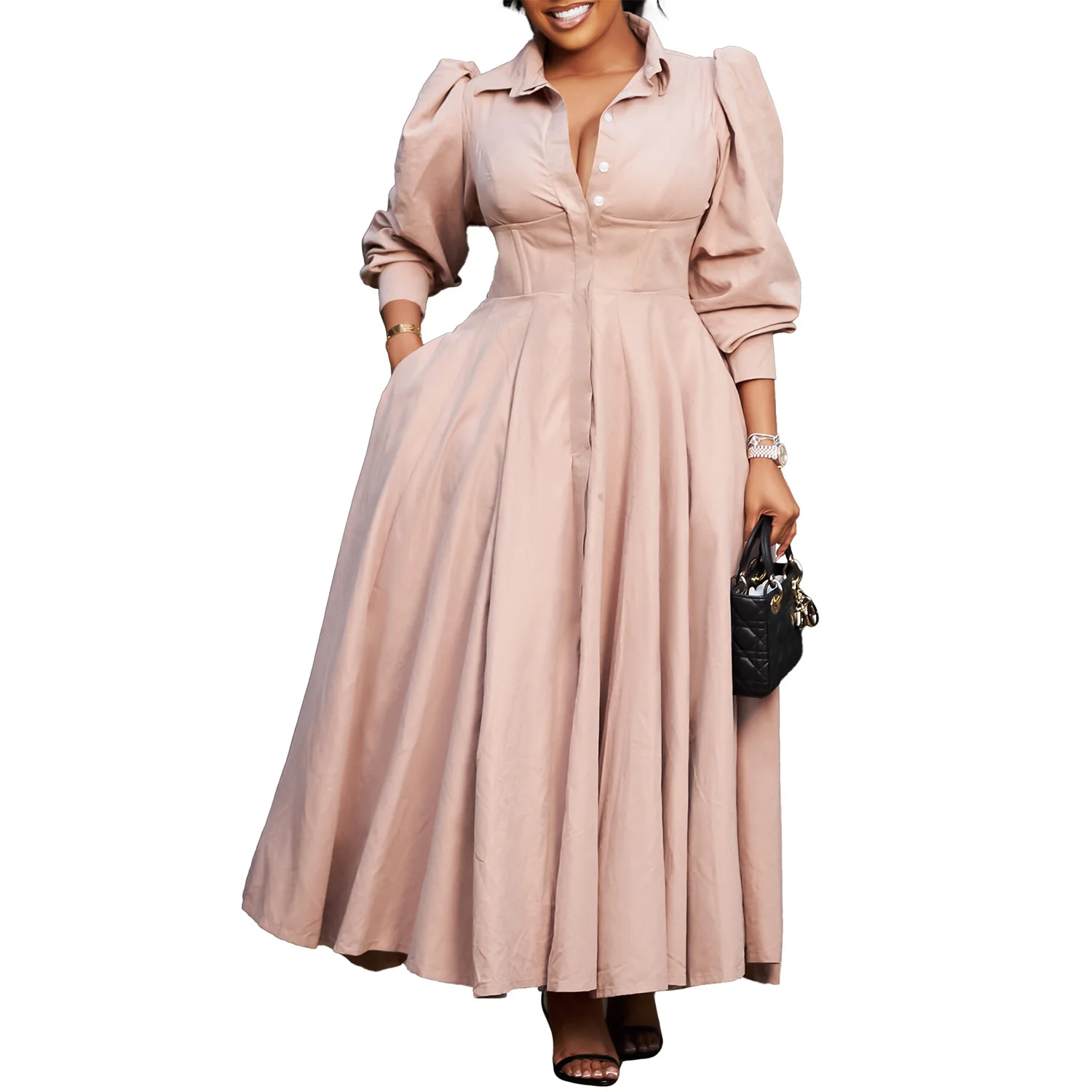 New elegant long-sleeved flared shirt dress for women, fashionable solid color long dress.
