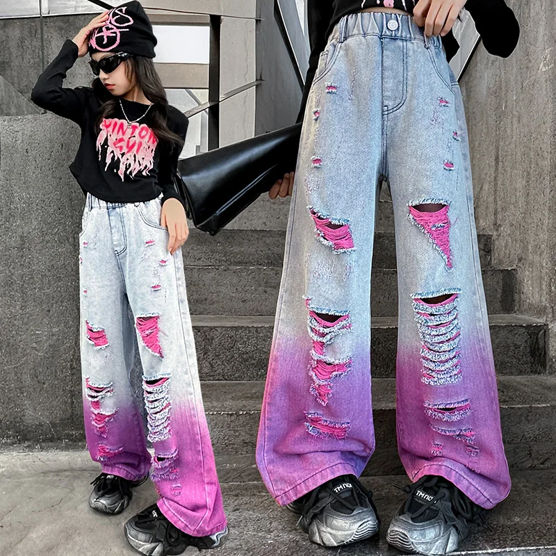 autumn junior big hole gradient jeans(cotton black t-shirt) vetement fille de 8 a 12 ans teenage kids trousers children clothes