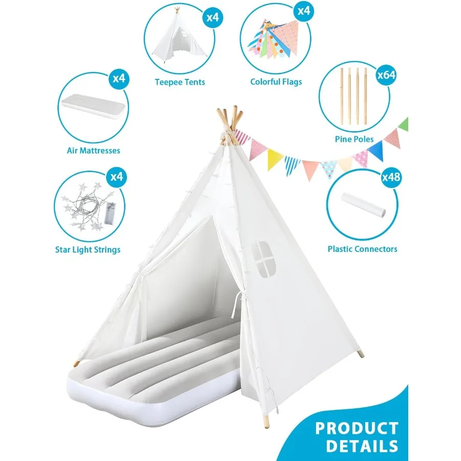 Paquete de 4 tiendas tipi para niños, tienda de juegos con luces de estrellas, banderas coloridas y colchón de aire inflable, casa de juegos plegable para niños pequeños, saco de dormir