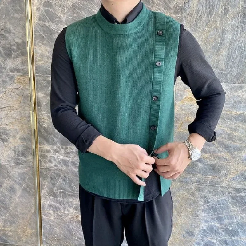 Knitted Sweaters for Men Waistcoat Sleeveless Man Clothes Buttons Slit Green Vest 90s Vintage Street Designer Luxury Overfit X A