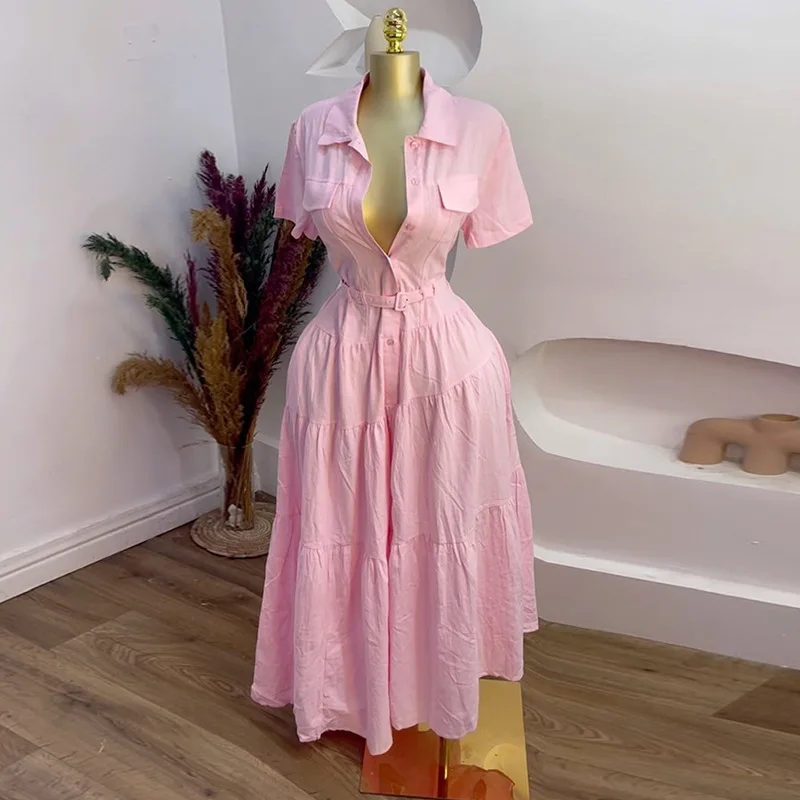 Damenkleider 2026, Sommer, neue Mode, Umlegekragen, kurzärmelig, Schnallenbund, lässig, A-Linie, Hemd, langes Kleid