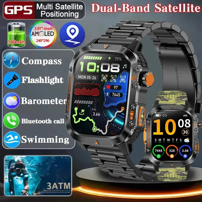 

2025 НОВЫЕ военные GPS умные часы BT Call Flashlight Наручные часы 3ATM Водонепроницаемые спортивные умные часы для Xiaomi Men IOS Android