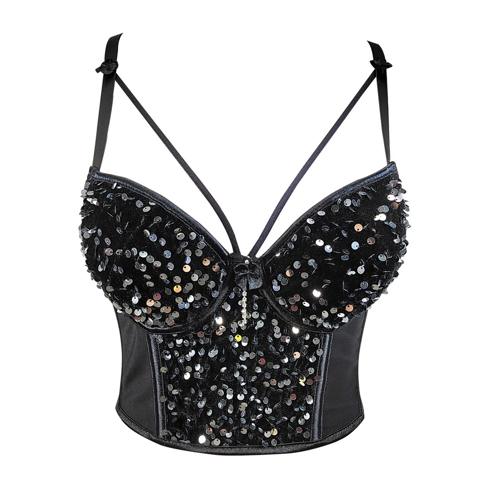 Cupnaya Sparkle Sequins Women Crop Top Bra Pad Push-up Corset Summer Sexy Night Club DJ Dancer Shiny Bustier Plus Size XXL  42