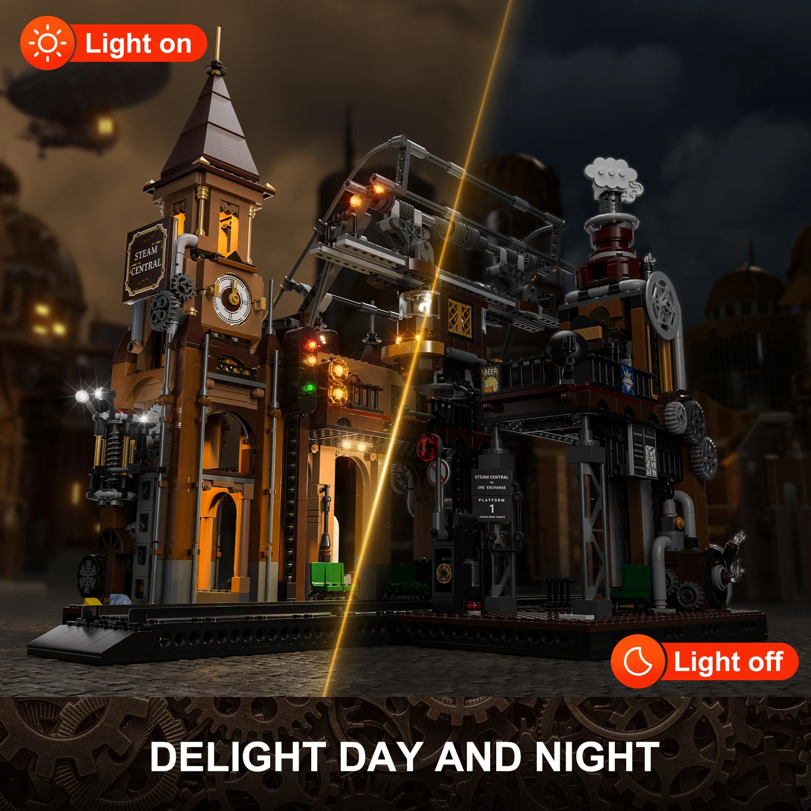 Funwhole Train-Station Lighting Building Bricks Set - Steampunk Train Station LED Block Set 1843 Pieces for Adults and Teens