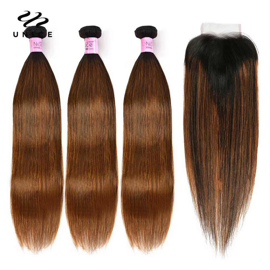 UNICE Brown Balayage Straight Human Hair Bundles with Closure 2/3/4 PCS Hair Bundles With 4x4 Lace Closure Make 250% Denstiy Wig