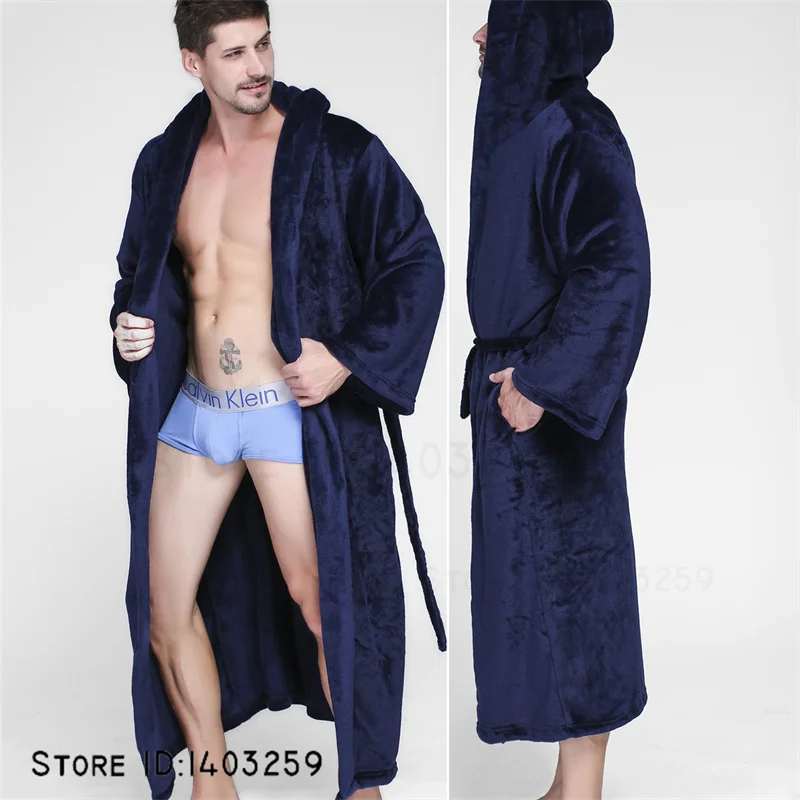 Plus Size Flannel Men Robe Sleepweae Winter Warm Coral Fleece Couple Nightwear Hooded Bathrobe Gown Loose Homewear Loungewear