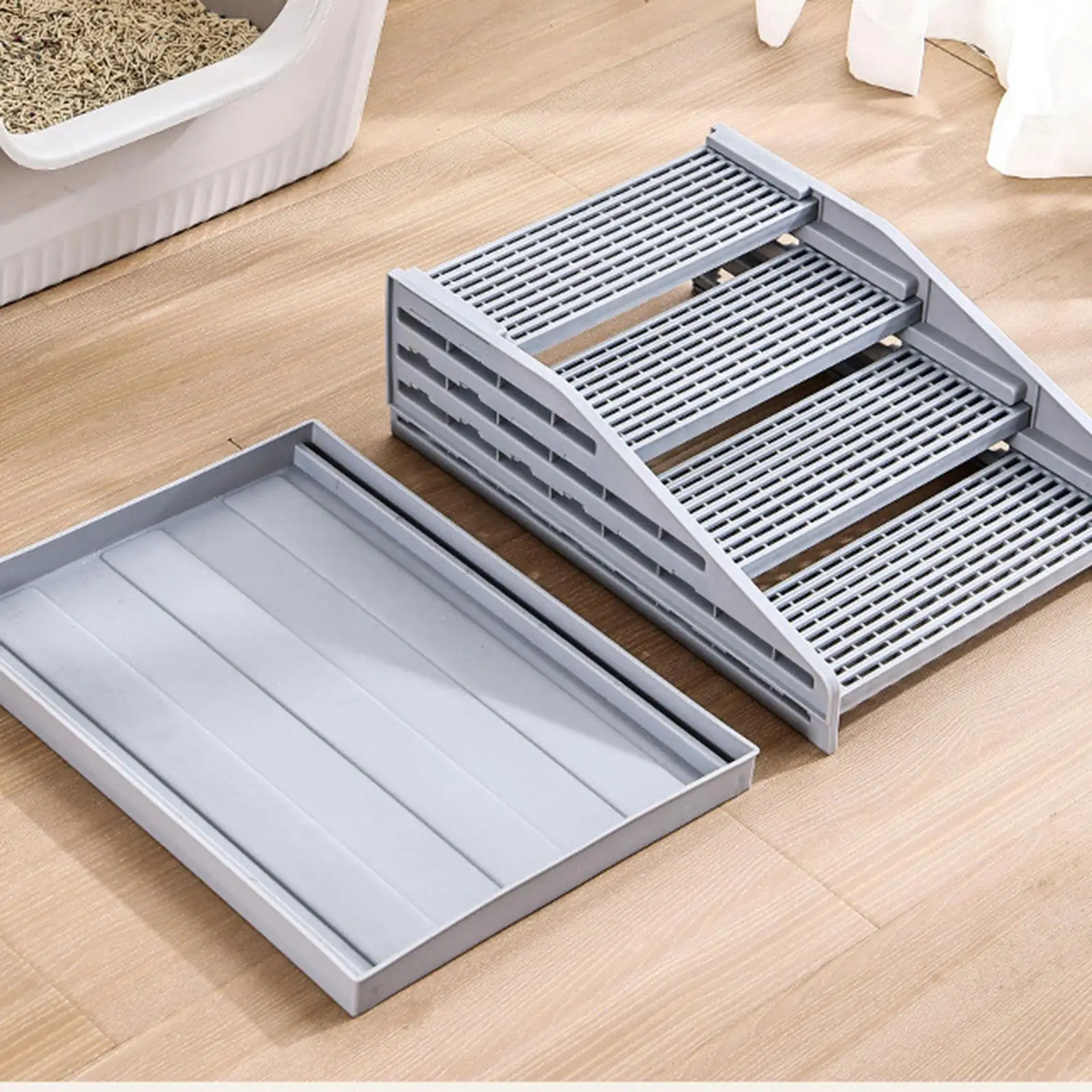 

Premium Cat Litter Box Step Detachable 4 Steps Ramp with Filter Function Double Layer for Cat Litter Control
