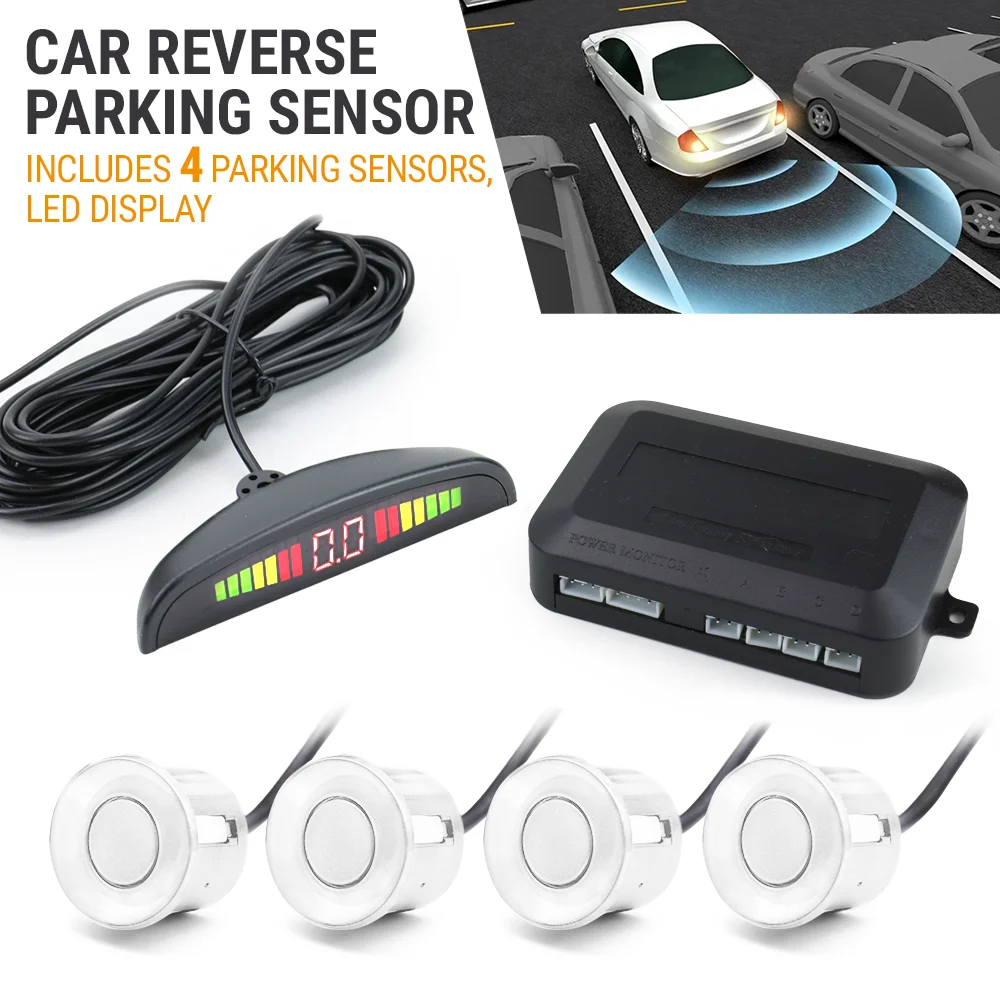 

Car Parking Sensors Parktronics 4 Black/Silver/White 22mm Flat Sensors Reverse Backup Radar Sound Buzzer Alarm Adjustable Sound