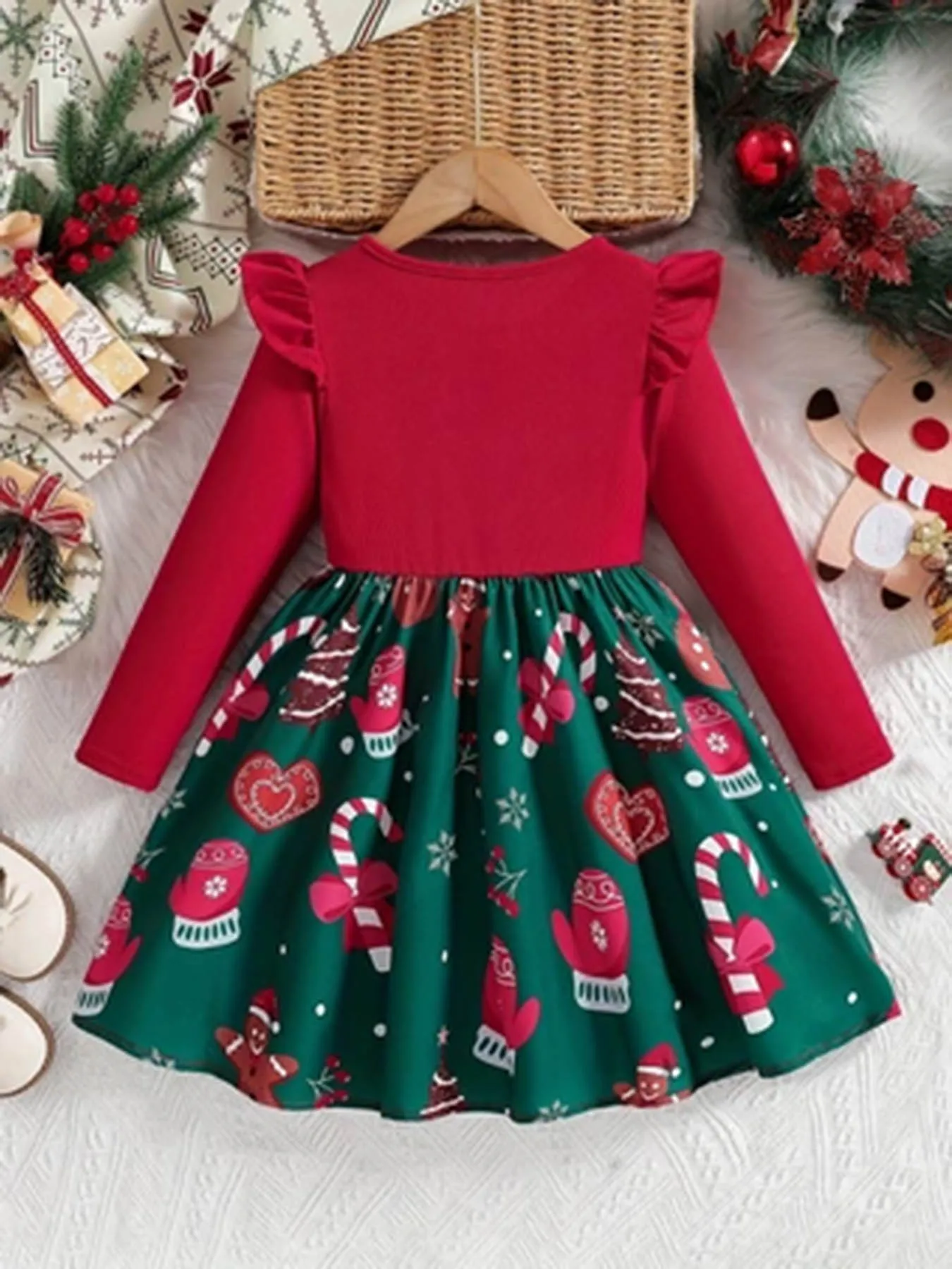 Girls' Christmas Long‑Sleeve Dress, Flutter Sleeve, Ruffled Placket, Gingerbread Man & Candy Cane Print, Christmas‑Themed Holida