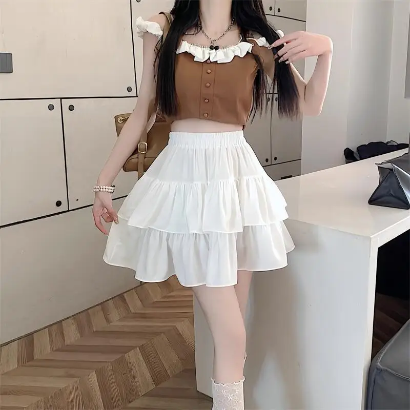 

Basic Ball Gown Cupcake Skirts Spring Summer New A-Line High Waist Elastic Female Clothing Sweet Solid Color Ruffles Mini Skirts