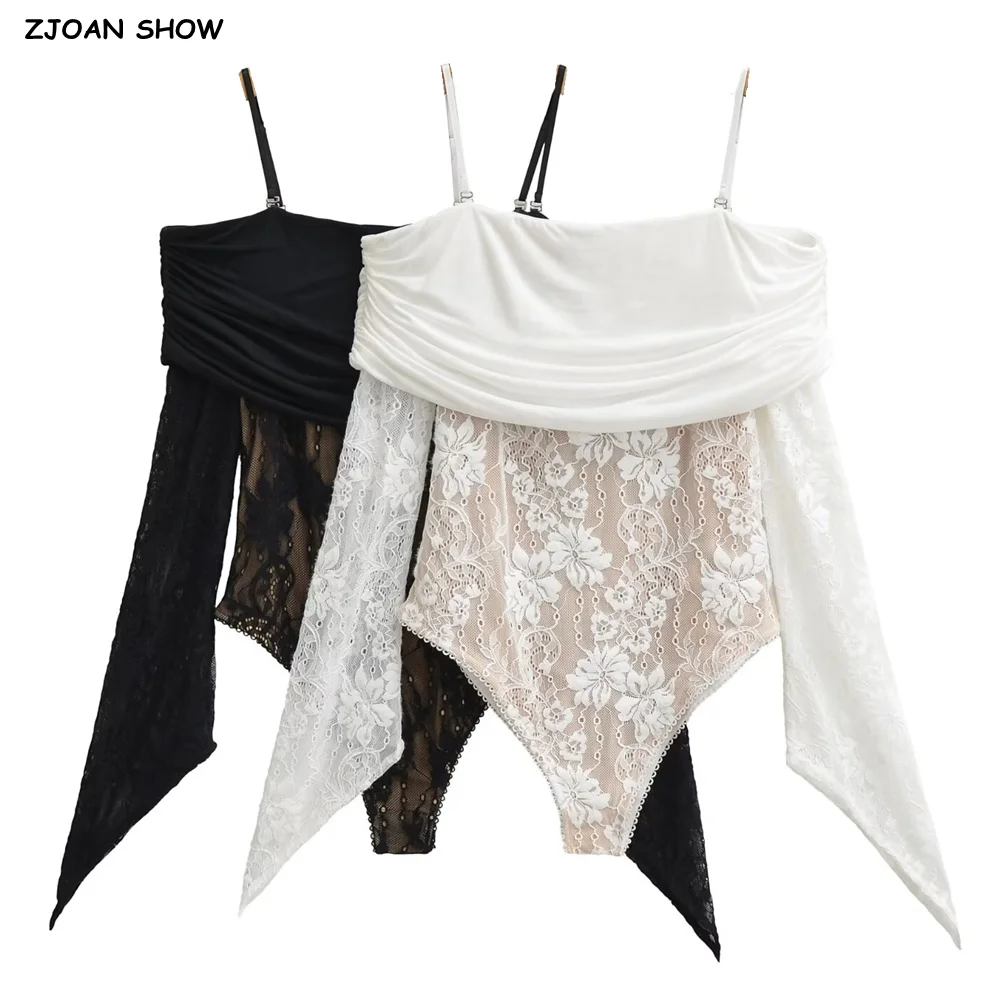Sexy See Through Lace With Lining Slash Shoulder Strap Long Sleeve Bodysuit Woman Tight Short Jumpsuit Slim Rompers Playsuits